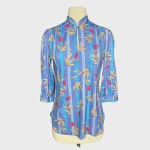 Vintage 80's Women's Small Med Blue Stripe Botanical Half Sleeve Top Art to Wear